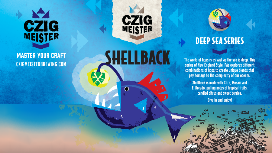 Deep Sea Series Shellback from Czig Meister Brewing Company. New England Style IPA hopped with citra, mosaic, and el dorado